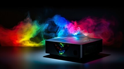 Mysterious image featuring a projector emitting colorful smoke on a dark background, symbolizing creativity and innovation