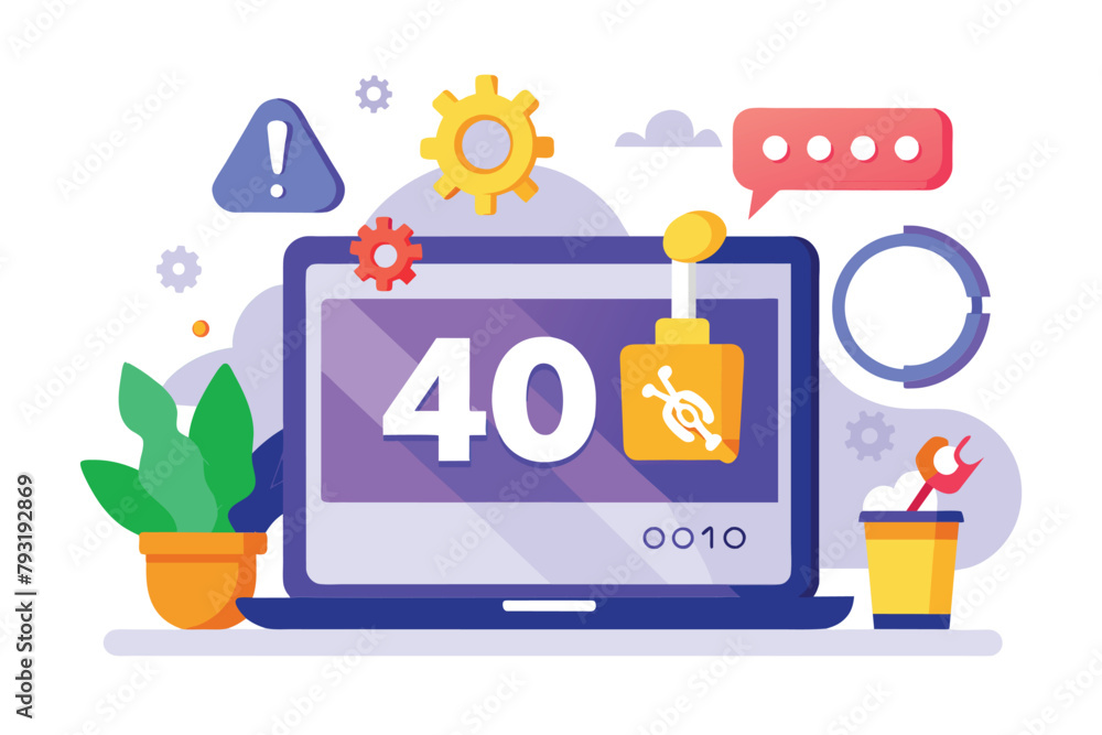 Poster laptop displaying number forty, internet repair service 404 error page error or internet problem not