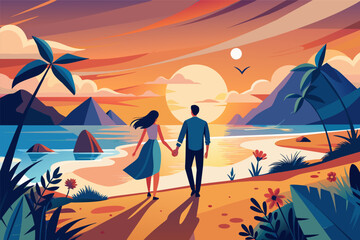 A couple holding hands, walking along a beach at sunrise.