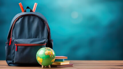 An educational scene with a dark blue school backpack, globe, and colorful books on a wooden table