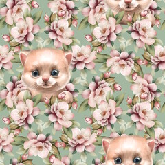Seamless pattern with cute kittens and flowers. Floral background with cats for wallpaper or fabric