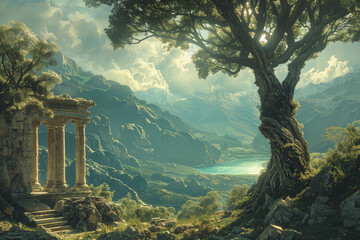 A spiritual close-up view of ancient Greece, where a cybernetic forest embodies the fusion of tradition and innovation 