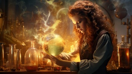 A captivating woman conjures up an entrancing potion among various mysterious flasks in an alchemic lab with a magical ambiance