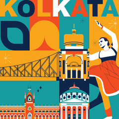 Kolkata culture travel set, famous architectures and specialties in flat design. Business travel and tourism concept clipart. Image for presentation, banner, website, advert, flyer, roadmap, icons