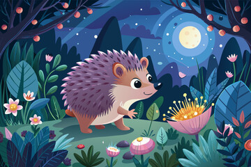 A curious hedgehog with tiny pink toes explores a moonlit garden.