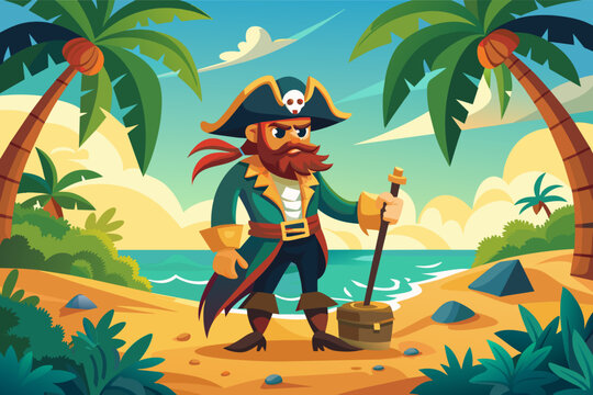 A cunning pirate captain with a peg leg and an eyepatch, searching for buried treasure on a tropical island.