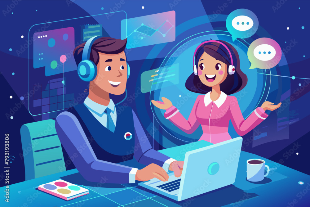 Aufkleber a customer service representative, wearing a friendly smile, patiently helps a customer navigate a h