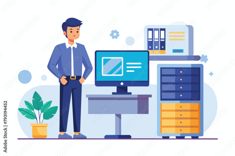 Aufkleber a man standing in front of a computer screen while working, it servicer standing in front of compute