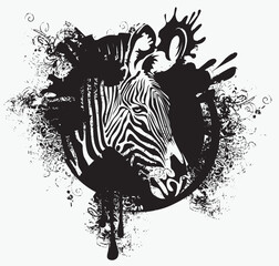 Obraz premium vector drawing of a zebra head in a circle with spots and splashes of black paint. suitable for logo or symbol