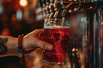 Close up of hand holding glass with red beer, being filled in the style of man pouring from tap in bar background Generative AI - obrazy, fototapety, plakaty
