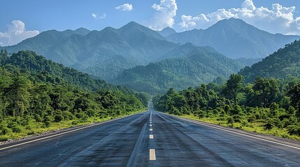 Fototapeta premium Asphalt highway road and green forest with mountain natural landscape under blue sky