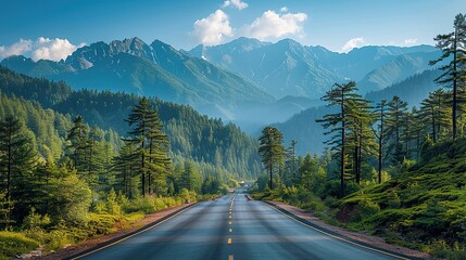 Fototapeta premium Asphalt highway road and green forest with mountain natural landscape under blue sky