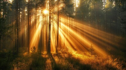 Trees In Sunlight. Tranquil Forest Landscape with Sun Rays Shining Through Trees