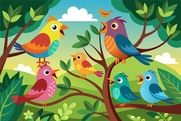 A group of colorful birds chirping in a tree