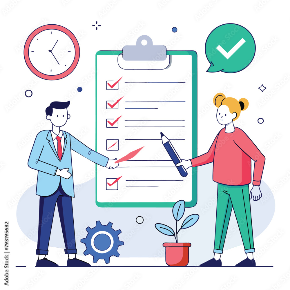 Poster two individuals shaking hands in front of a clipboard displaying a checklist during a business meeti