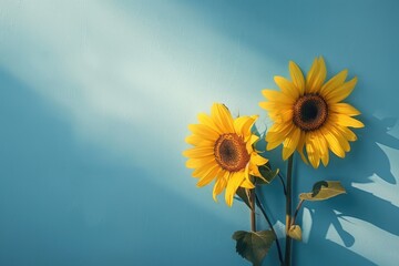 Flower Design Wallpaper. Pair of Sunflowers in Blue Aesthetic Background