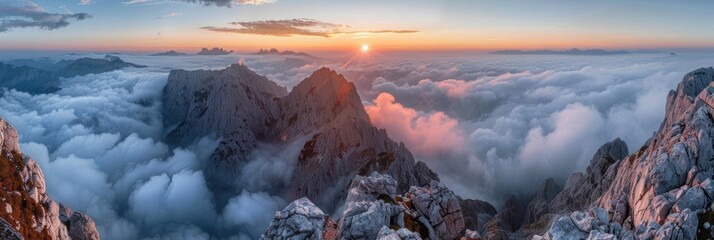 Beautiful Horizon. Breathtaking Views of Mangart Peak at Stunning Sunrise in the Slovenian Alps - obrazy, fototapety, plakaty