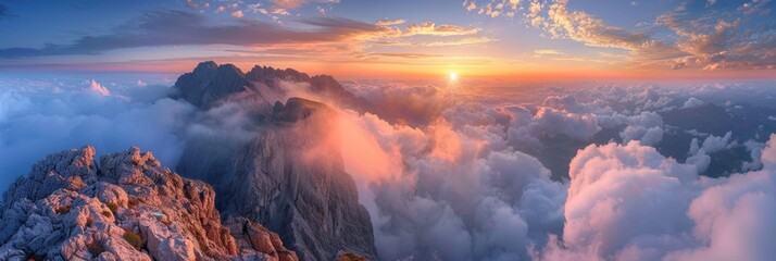 Beautiful Horizon. Stunning Sunrise Views of Mangart Peak in Slovenian Alps - obrazy, fototapety, plakaty
