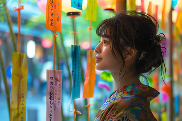 A woman wearing a strip of paper on Tanabata bamboo