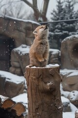 Naklejka premium A small animal sitting on top of a tree stump in the snow, AI
