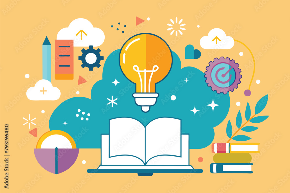 Poster an open book is illuminated by a light bulb above it, symbolizing knowledge and learning, knowledge 