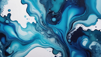 Abstract Liquid Fluid Art Painting Background with Alcohol Ink Technique in Navy Blue and Aqua Cool Tone Colors.