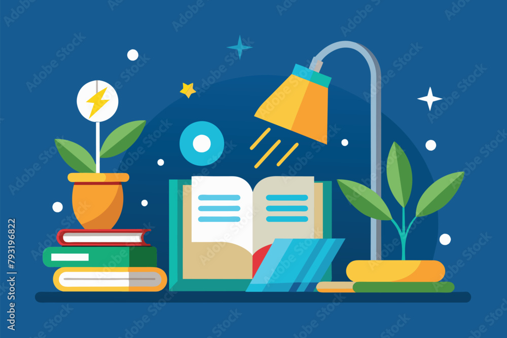 Poster an open book rests on a stack of books next to a lamp, symbolizing knowledge and learning, lamp and 
