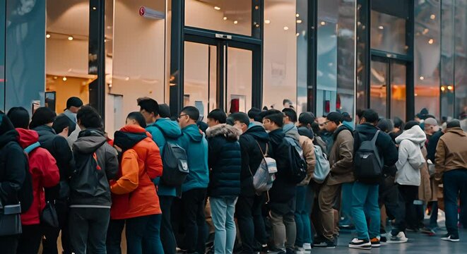 Smartphone store product launch day long queues design market stock price earnings report business keynote profits
