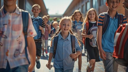 A group of schoolchildren with backpacks walking along the school corridor during recess - obrazy, fototapety, plakaty