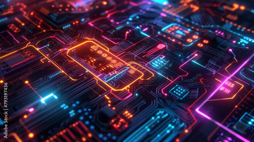 Poster neon cyber lock interface on advanced security circuit