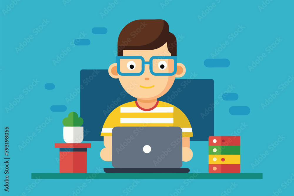 Poster a man sitting in front of a laptop computer, focused on his work, learn about programmers, simple an