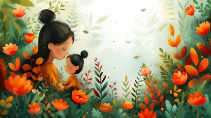 A woman and child in a field of flowers with orange leaves, AI