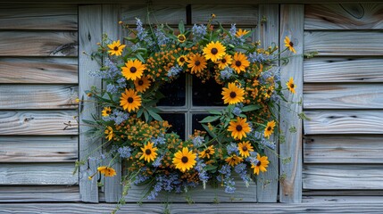   A wreath of sunflowers and bluebells adorns the side of a weathered wood building, framing a window