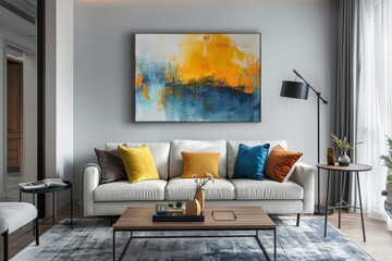 Elegant modern living room with stylish decor and vibrant abstract art