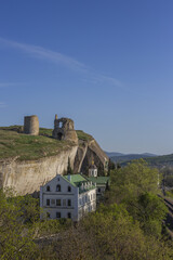 Inkerman St. Klimentovsky Cave Monastery, railway and Kalamita fortress, Sevastopol - obrazy, fototapety, plakaty
