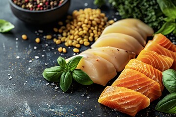 Sliced salmon fillet with basil, lentils, and vibrant spices on a dark surface, creating a luxurious culinary presentation - obrazy, fototapety, plakaty