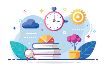A stack of books is placed next to a clock, symbolizing time management and education, learning intelligence with fast time, Simple and minimalist flat Vector Illustration