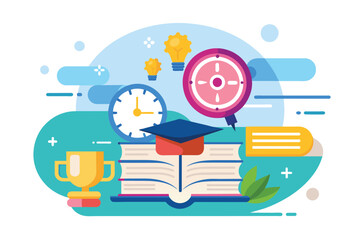 An open book with a clock and a cup on top, showing a blend of time, reading, and a break, learning intelligence with fast time, Simple and minimalist flat Vector Illustration
