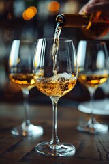 A person pouring wine into three glasses on a table, AI
