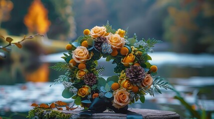   A wreath of orange Roses and pine cones atop a rock, framing a tranquil body of water In the backdrop, trees stand tall