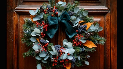   A wooden door adorned with a Christmas wreath, featuring holly, berries, and pine cones, topped with a green bow