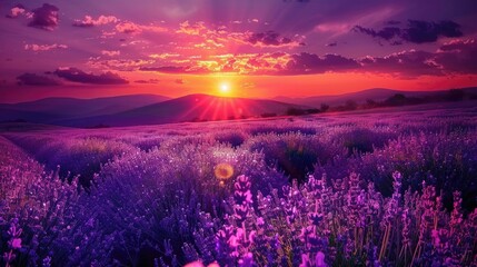 Flower Landscape. Lavandula field in dramatic sunset landscape of Bulgaria