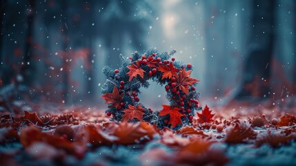   A wreath lies in a snowy forest, surrounded by red leaves scattered on the ground Snowfall gently covers the ground around it