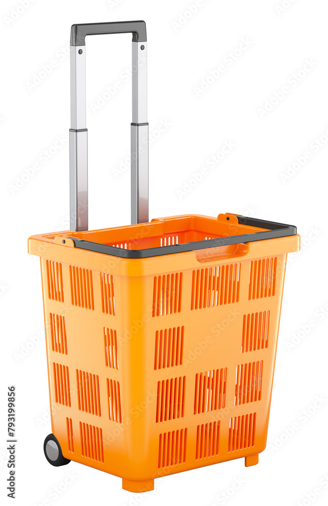 Poster orange plastic rolling shopping basket with wheels and handle. 3d rendering isolated on transparent 