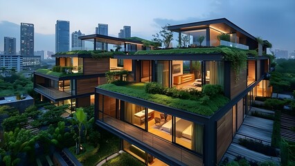 Sustainable Urban Living: Eco-Friendly Homes with Green Rooftop Gardens Offering City Skyline Views. Concept Sustainable Living, Eco-Friendly Homes, Green Roof Gardens, City Skyline Views
