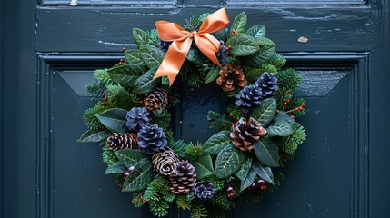   A wreath adorns the door, featuring pine cones and evergreens, topped with a bow