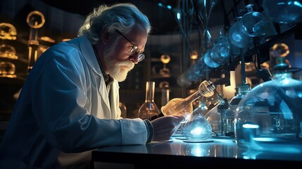 A hyper-realistic depiction of a focused scientist meticulously working with intricate laboratory apparatus