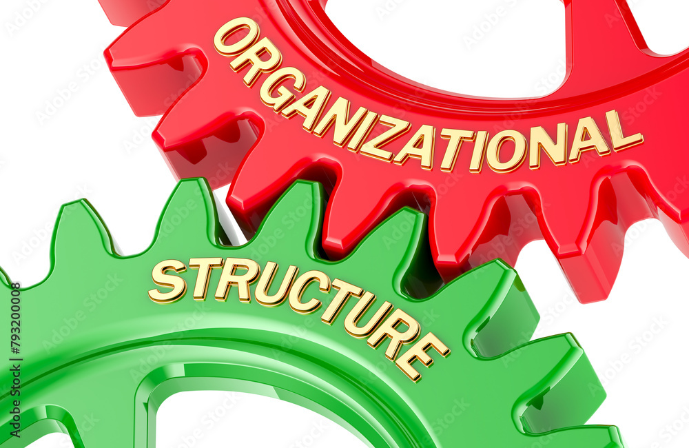 Poster organizational structure concept with colored gearwheels. 3d rendering isolated on transparent backg