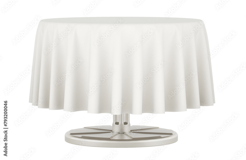 Poster round table with white table cloth. 3d rendering isolated on transparent background