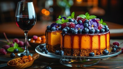   A plate showcases a cake topped with blueberries, raspberries, and grapes Background features a glass of wine